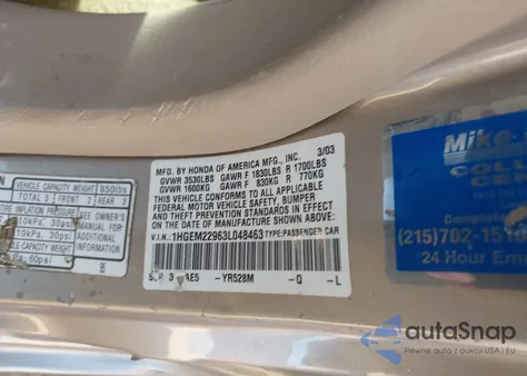 2003 Honda Civic Ex из США, поврежденный, VIN 1HGEM22963L048463